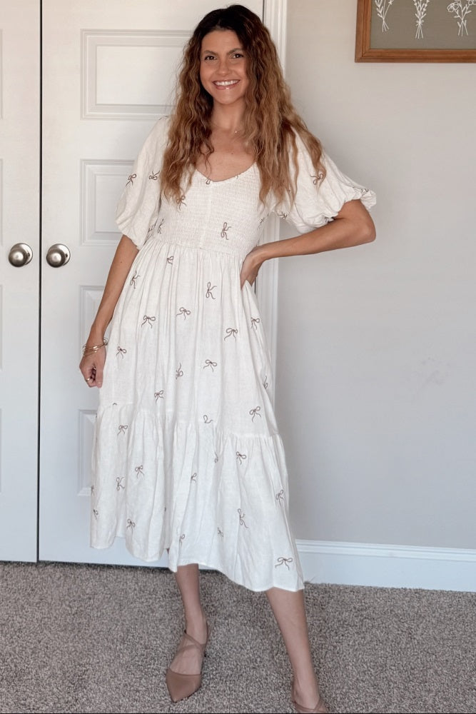 Cream Ribbon Print Smocked Midi Dress