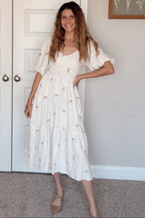 Cream Ribbon Print Smocked Midi Dress