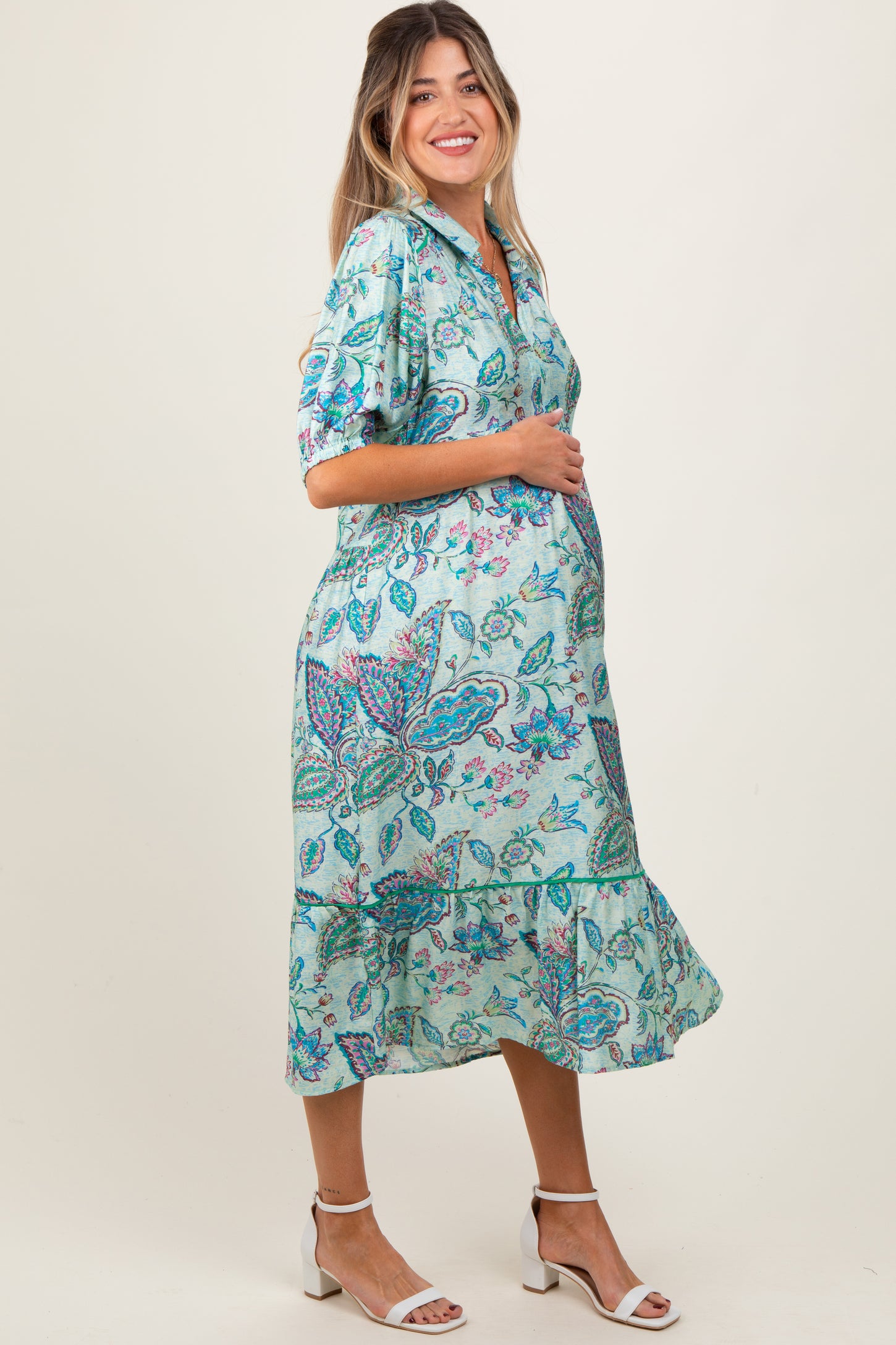 Aqua Paisley Collared Ruffle Hem Maternity Midi Dress