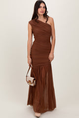 Mocha Ruched Mesh One Shoulder Maternity Maxi Dress