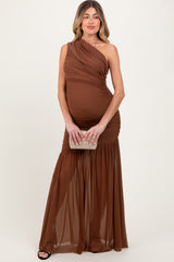 Mocha Ruched Mesh One Shoulder Maternity Maxi Dress