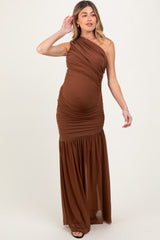 Mocha Ruched Mesh One Shoulder Maternity Maxi Dress