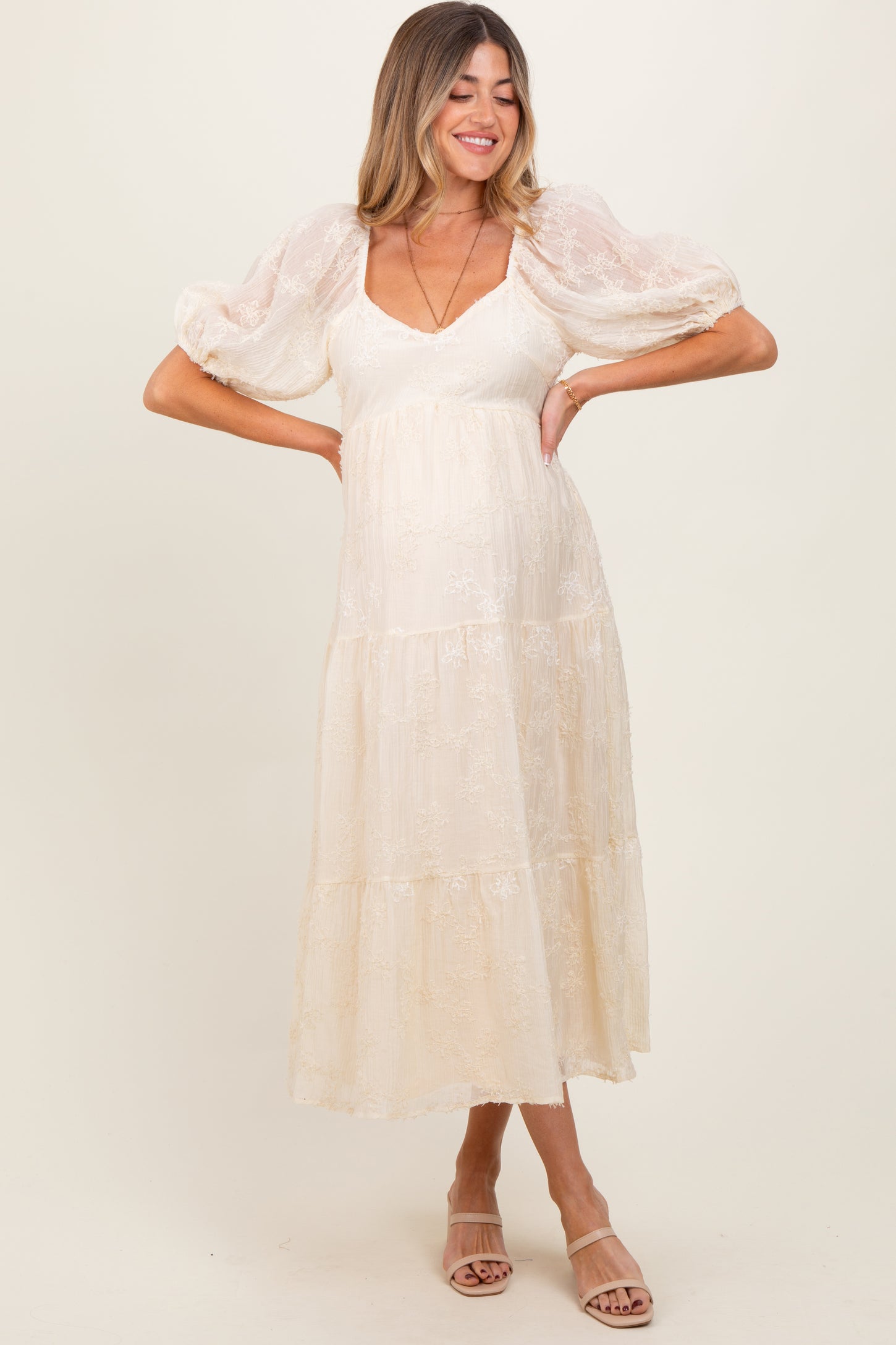 Ivory Embroidered Floral Overlay Maternity Midi Dress