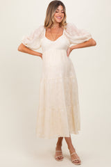 Ivory Embroidered Floral Overlay Maternity Midi Dress