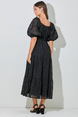 Black Embroidered Floral Overlay Midi Dress