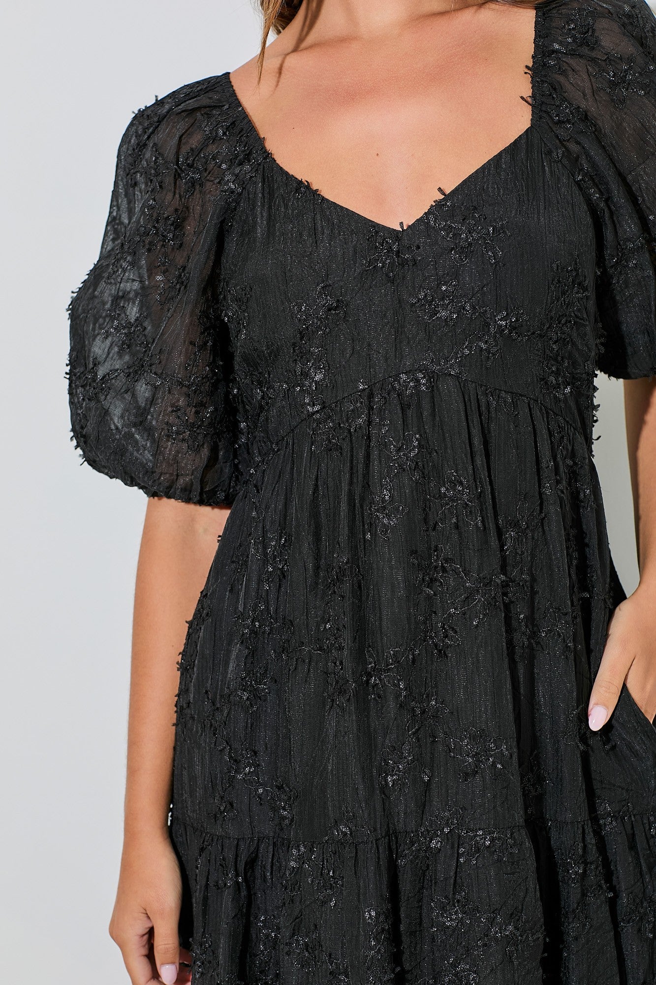 Black Embroidered Floral Overlay Midi Dress