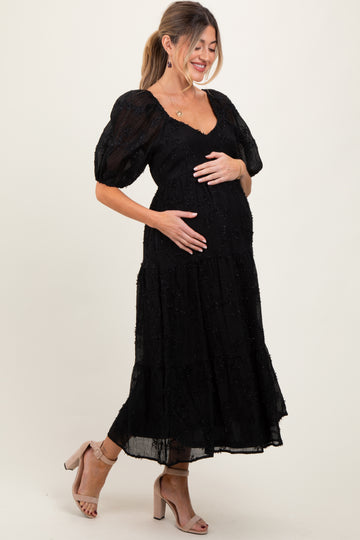 Black Embroidered Floral Overlay Maternity Midi Dress