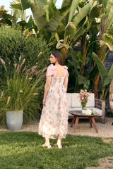 Cream Floral Smocked Shoulder Tie Ruffled Midi Dress