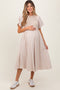 Beige Ribbed Knit Contrast Top Maternity Midi Dress