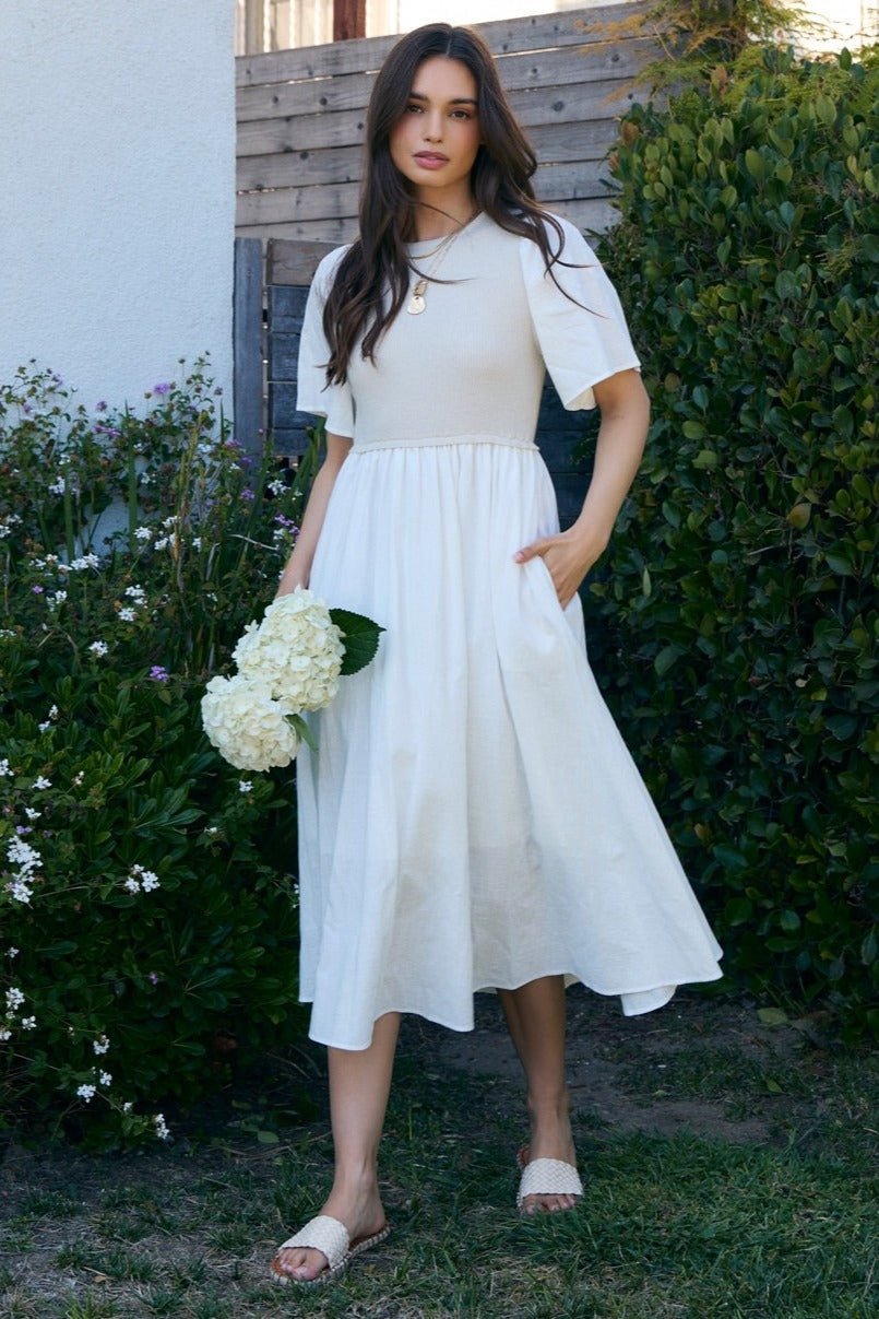 Ivory Ribbed Knit Contrast Top Maternity Midi Dress