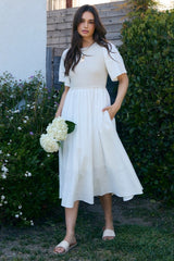 Ivory Ribbed Knit Contrast Top Midi Dress