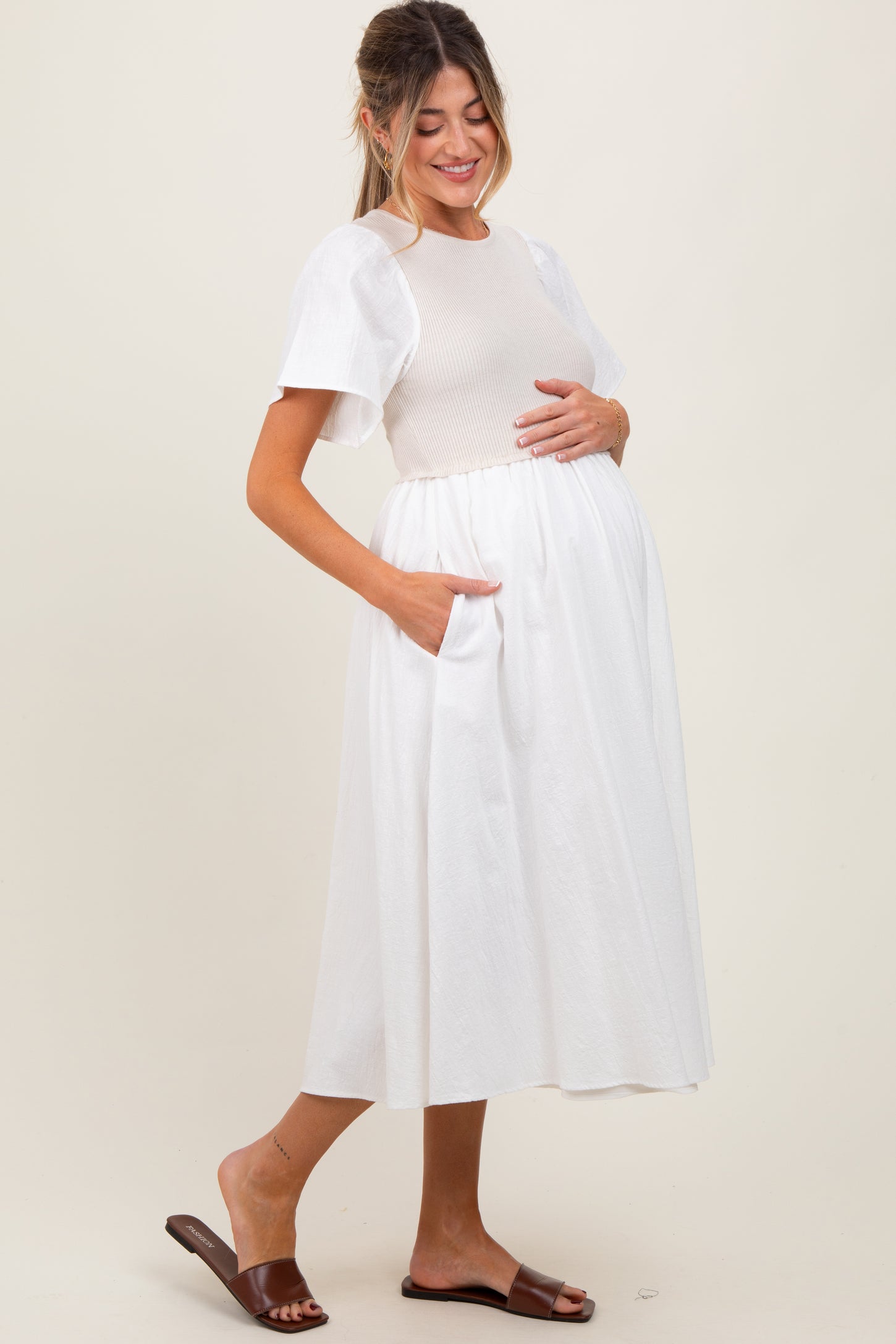 Ivory Ribbed Knit Contrast Top Maternity Midi Dress