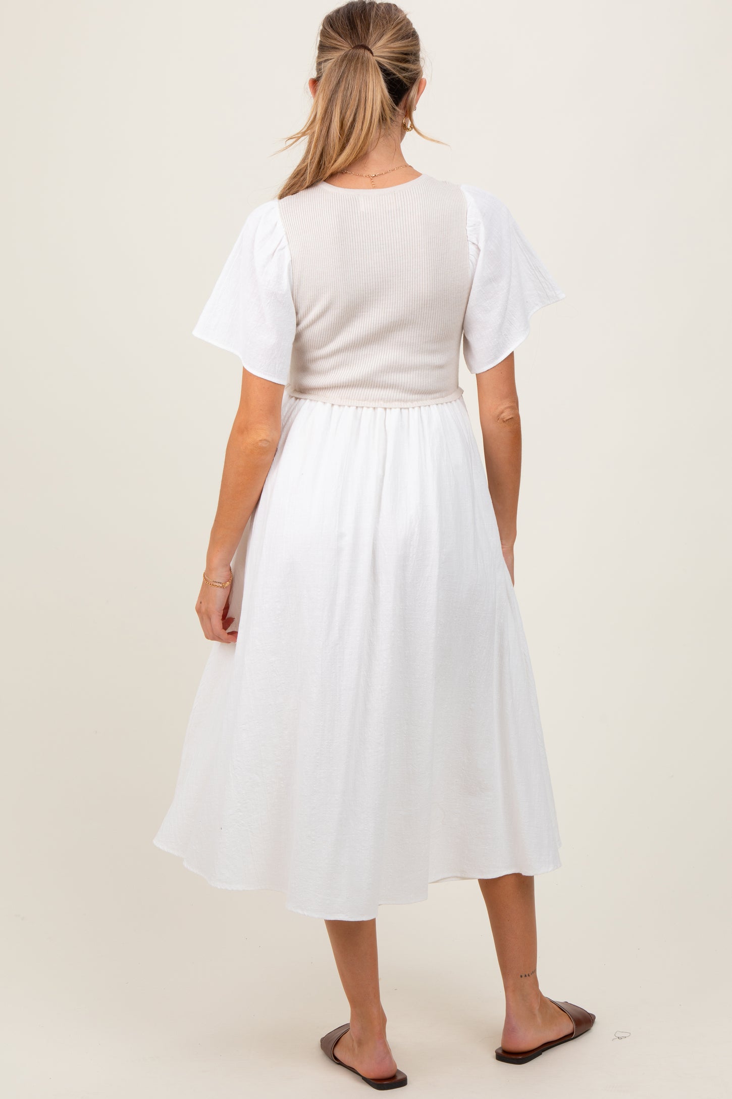 Ivory Ribbed Knit Contrast Top Maternity Midi Dress