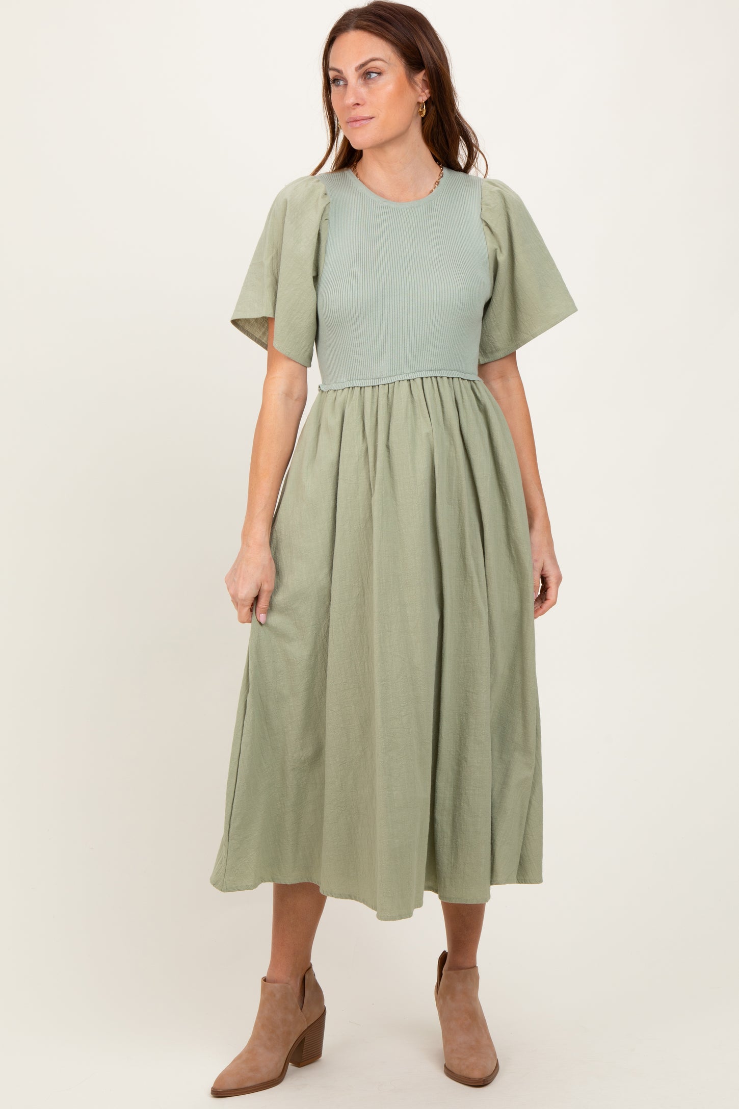 Light Olive Ribbed Knit Contrast Top Midi Dress