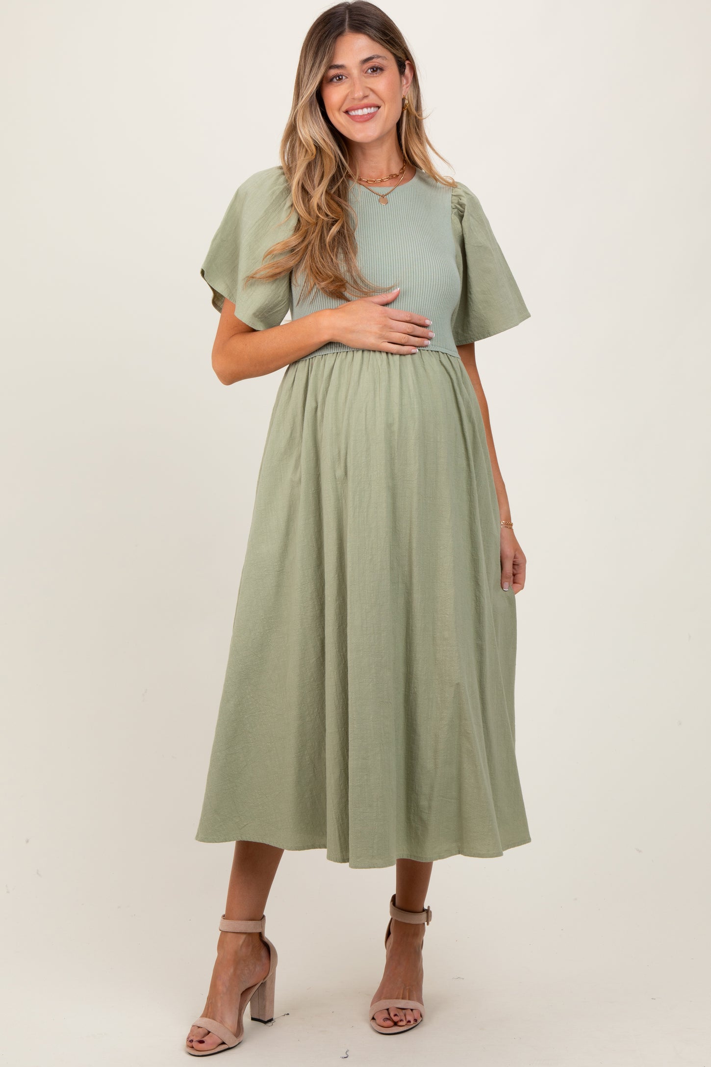 Light Olive Ribbed Knit Contrast Top Maternity Midi Dress