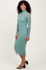 Light Olive Mesh Overlay Fitted Midi Dress