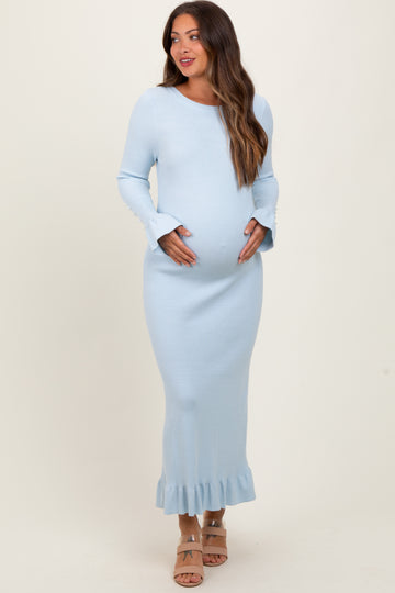 Light Blue Ribbed Knit Bow Back Maternity Maxi Dress