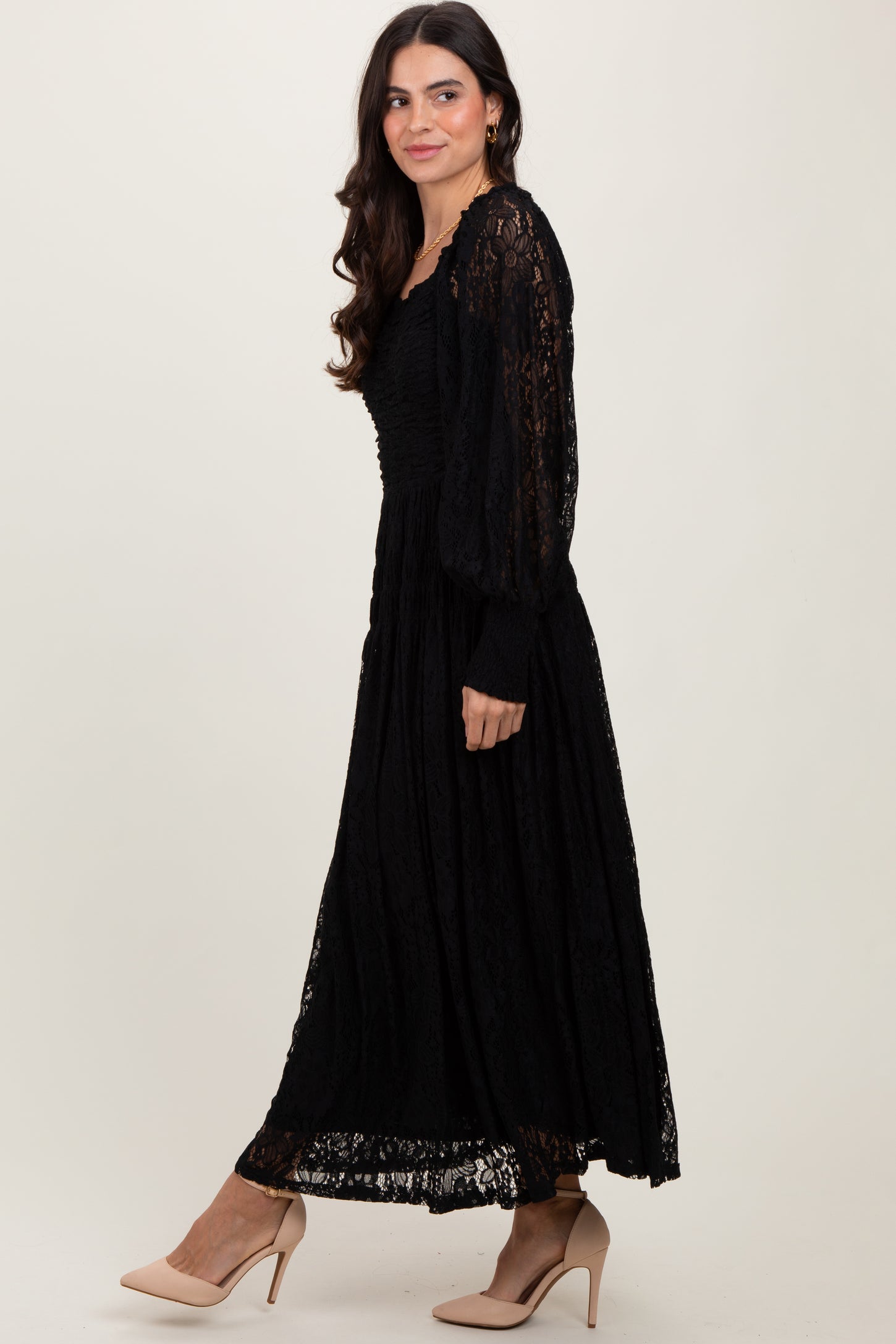 Black Lace Smocked Bubble Sleeve Maxi Dress