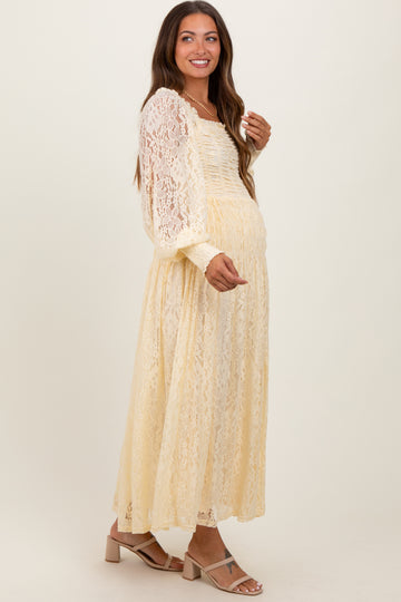 Cream Lace Smocked Bubble Sleeve Maternity Maxi Dress