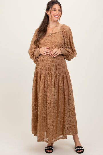 Camel Lace Smocked Bubble Sleeve Maternity Maxi Dress