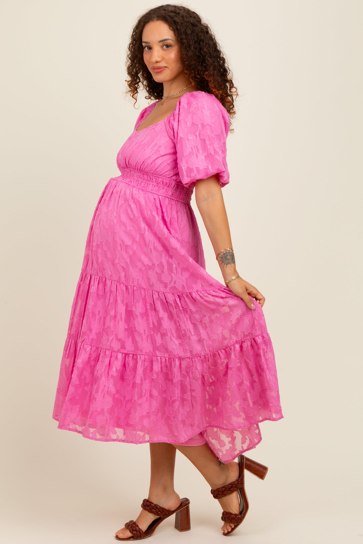 Pink Textured Floral Short Sleeve Maternity  Midi Dress