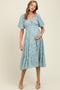 Light Blue Textured Floral Short Sleeve Maternity Midi Dress