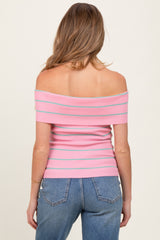 Light Pink Striped Off The Shoulder Sweater Maternity Top
