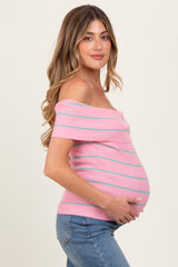 Light Pink Striped Off The Shoulder Sweater Maternity Top