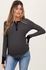 Black Striped Snap Button Henley Maternity Top