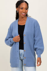 Blue Knit Oversized Button Down V-Neck Maternity Cardigan