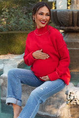 Red Mock Neck Contrast Seam Maternity Sweater