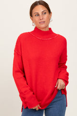 Red Mock Neck Contrast Seam Maternity Sweater