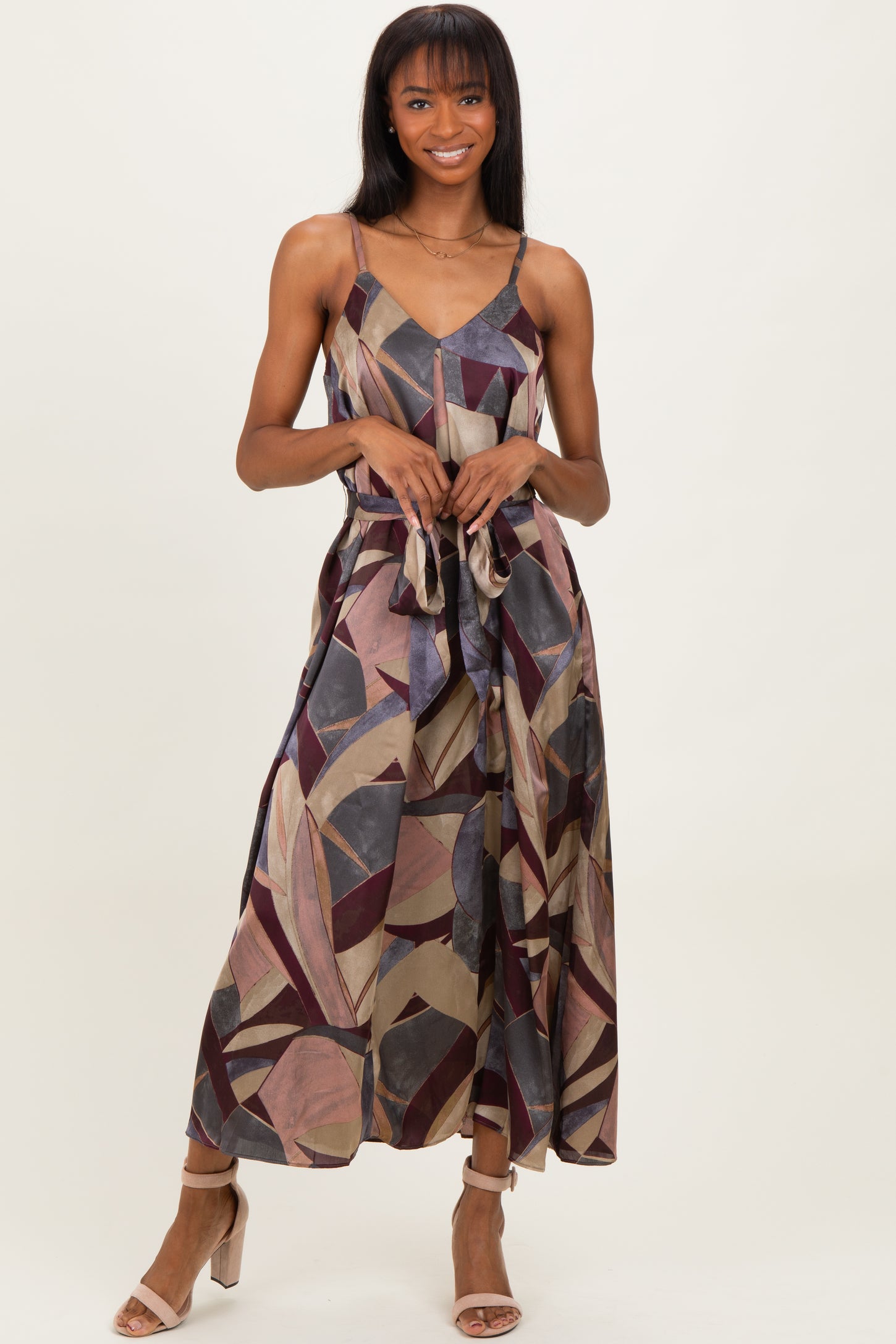 Multicolor Abstract Print Sash Tie Maternity Maxi Dress