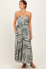 Light Olive Geometric Print Sash Tie Maternity Maxi Dress