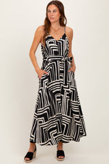 Black Geometric Print Sash Tie Maternity Maxi Dress