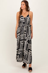 Black Geometric Print Sash Tie Maxi Dress