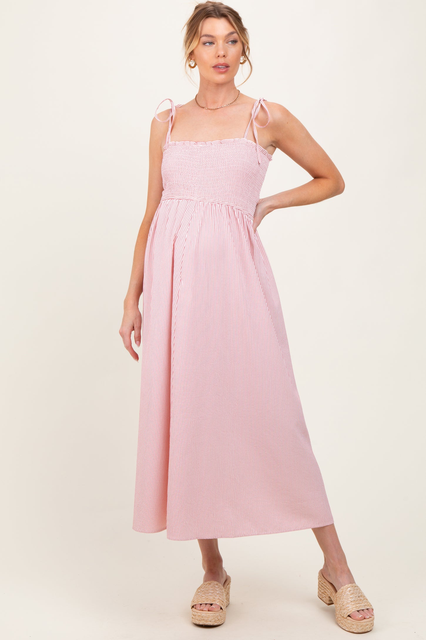 Red Striped Shoulder Tie Smocked Maternity Maxi Dress