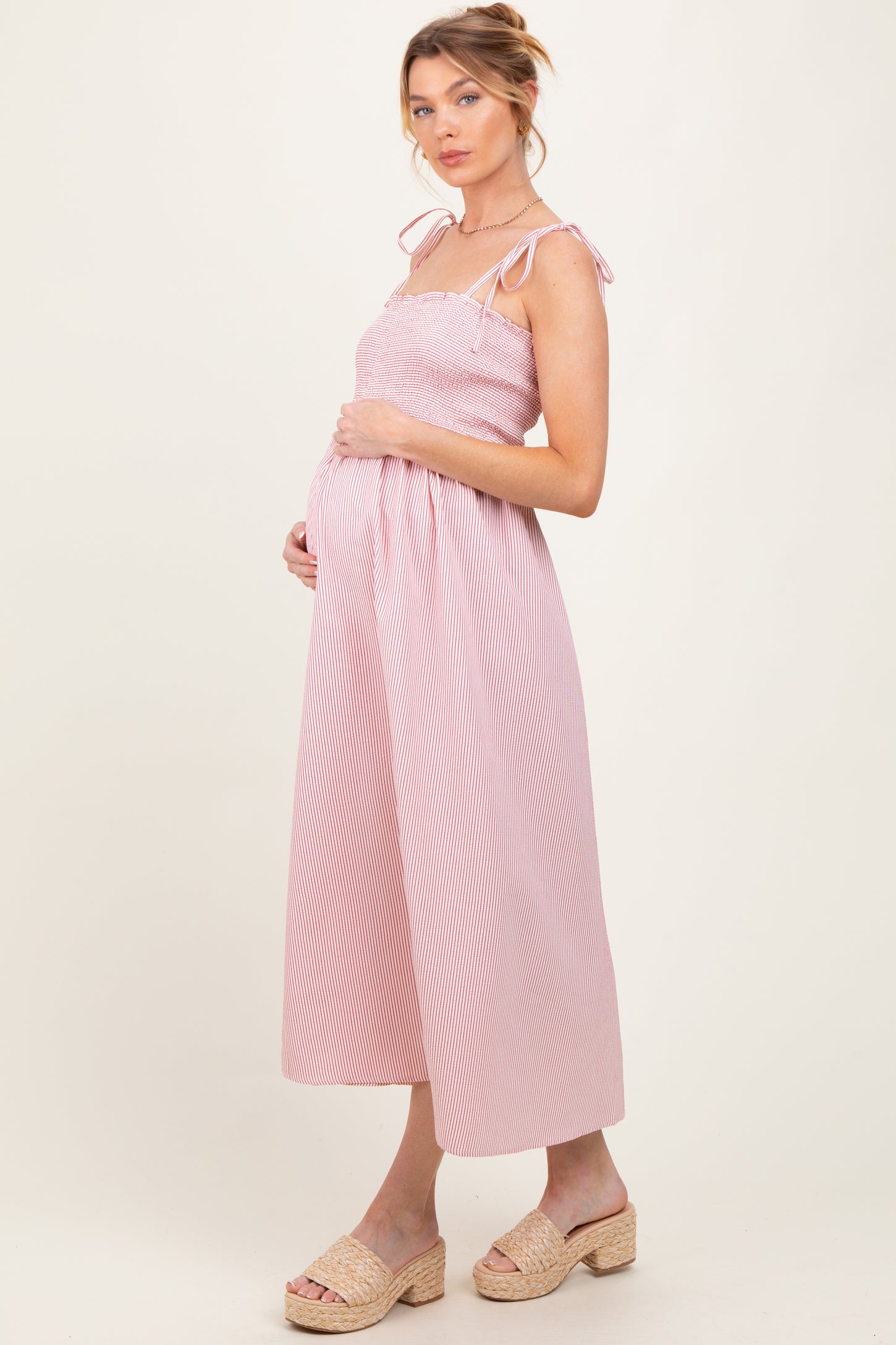 Red Striped Shoulder Tie Smocked Maternity Maxi Dress