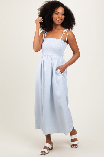 Blue Striped Shoulder Tie Smocked Maxi Dress