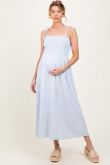 Blue Striped Shoulder Tie Smocked Maternity Maxi Dress