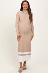 Beige Colorblock Hem Mock Neck Maternity Sweater Dress
