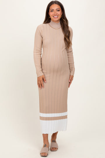 Beige Colorblock Hem Mock Neck Maternity Sweater Dress