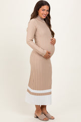 Beige Colorblock Hem Mock Neck Maternity Sweater Dress