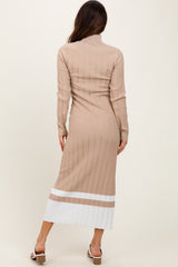 Beige Colorblock Hem Mock Neck Sweater Dress