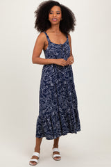 Navy Floral Outline Print Sleeveless Maternity Midi Dress