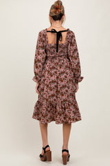 Mauve Rose Smocked Velvet Bow Tie Maternity Midi Dress