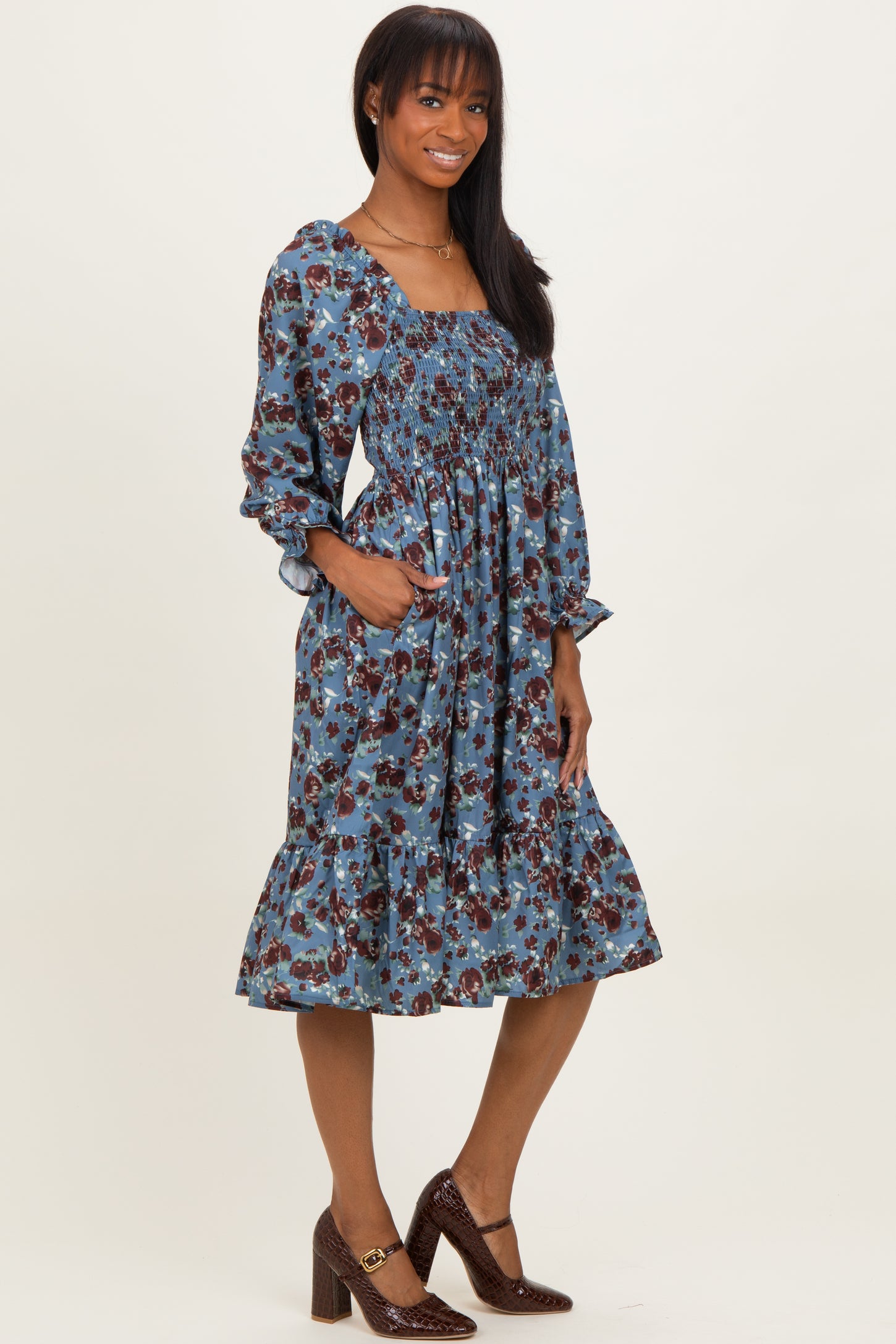 Blue Rose Smocked Velvet Bow Tie Midi Dress