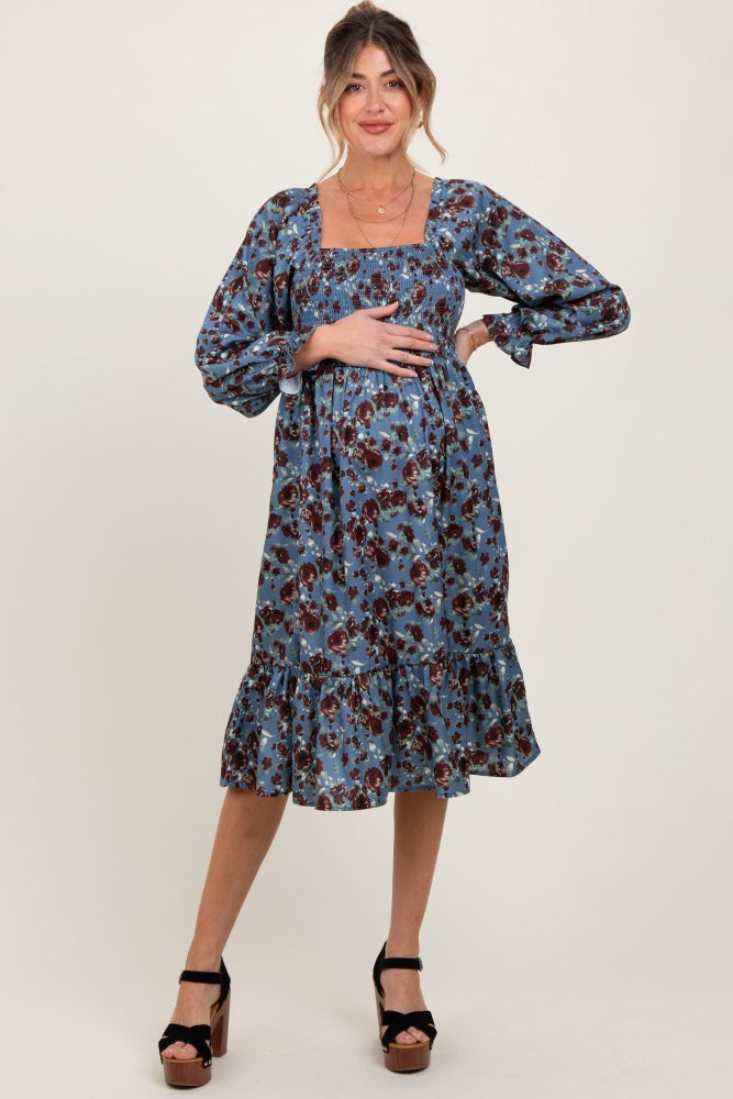 Blue Rose Smocked Velvet Bow Tie Maternity Midi Dress