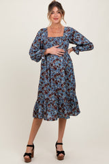 Blue Rose Smocked Velvet Bow Tie Maternity Midi Dress