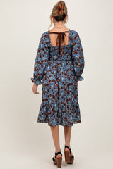 Blue Rose Smocked Velvet Bow Tie Maternity Midi Dress